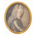 Antique oval hand painted portrait miniature of a soldier wearing armour housed in a yellow metal