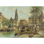 Canal before buildings, oil on canvas, indistinctly signed, possibly H Lem Hueven, The