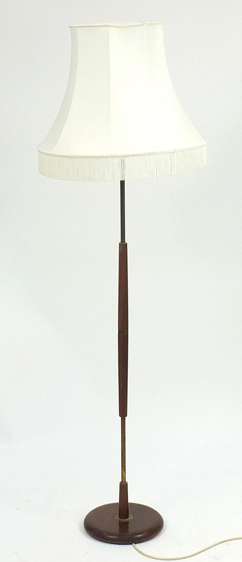 Vintage brass and teak standard lamp with silk lined shade, 177cm high
