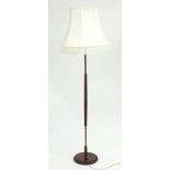 Vintage brass and teak standard lamp with silk lined shade, 177cm high