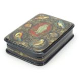 Russian lacquered rectangular box and cover with hinged lid, hand painted with birds, 12.5cm wide