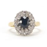 18ct gold sapphire and diamond ring, the sapphire approximately 6.5mm x 5mm, size F, 3.9g