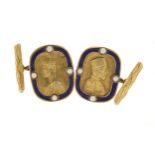 Pair of silver gilt and enamel portrait cufflinks set with seed pearls, impressed Russian marks,