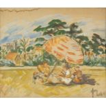 Beach scene with figures under an umbrella, continental oil on card, framed and glazed, 60cm x