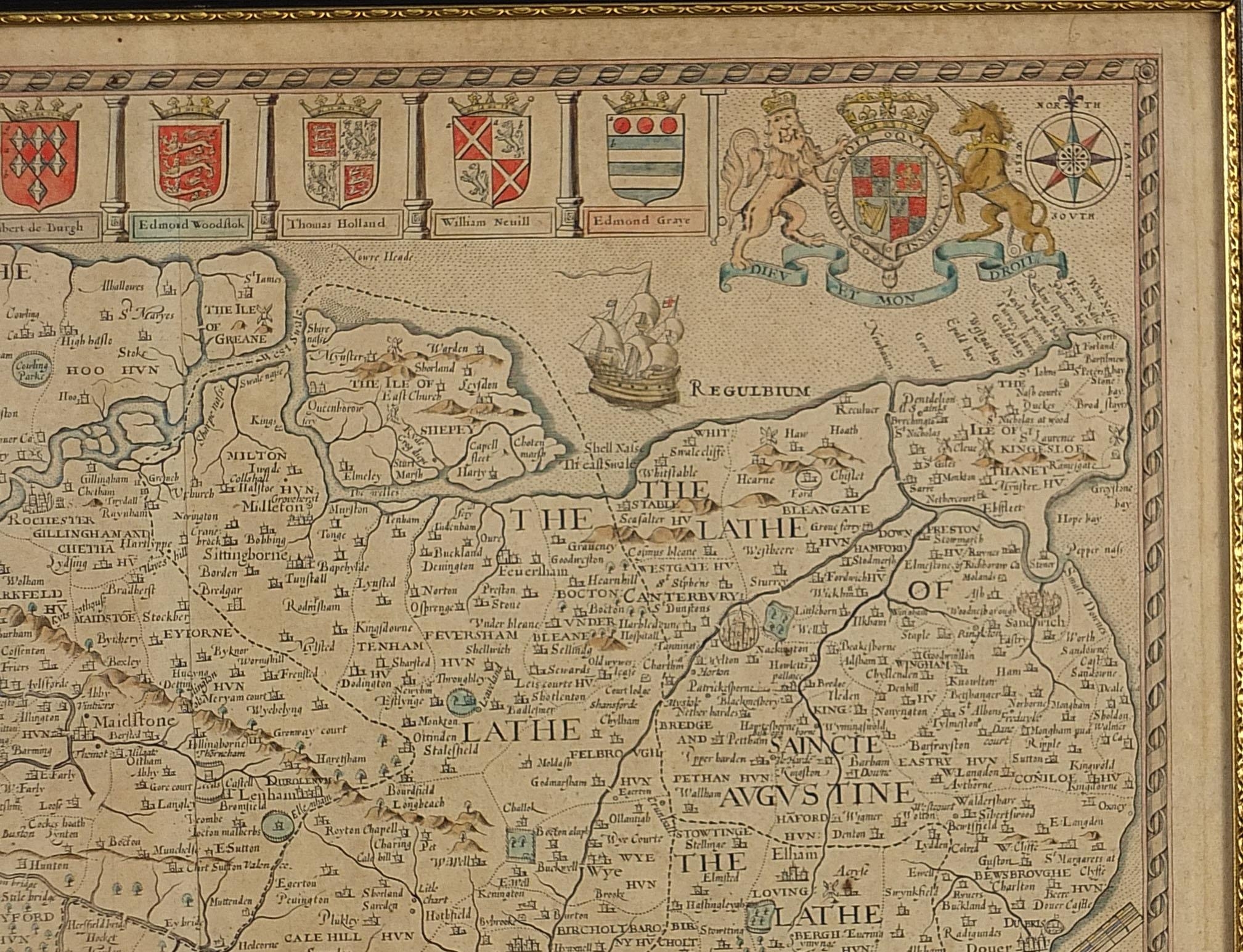 John Speed, Antique hand coloured map of Kent, framed and glazed, 53.5cm x 41.5cm excluding the - Image 4 of 6