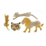 Four large jewelled and enamel big cat brooches, the largest 13cm in length