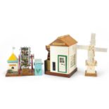Three scratch built motorised wooden models comprising windmill, fairground big wheel and a