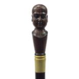 Hardwood walking stick with phrenology head handle, 92cm in length