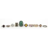 Ten silver rings, some set with semi precious stones, various sizes, 55.8g