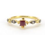 Indian silver gilt diamond and red stone ring, size P, 2.4g