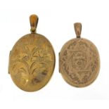 Two large gold plated lockets with engraved decoration, the largest 6cm high