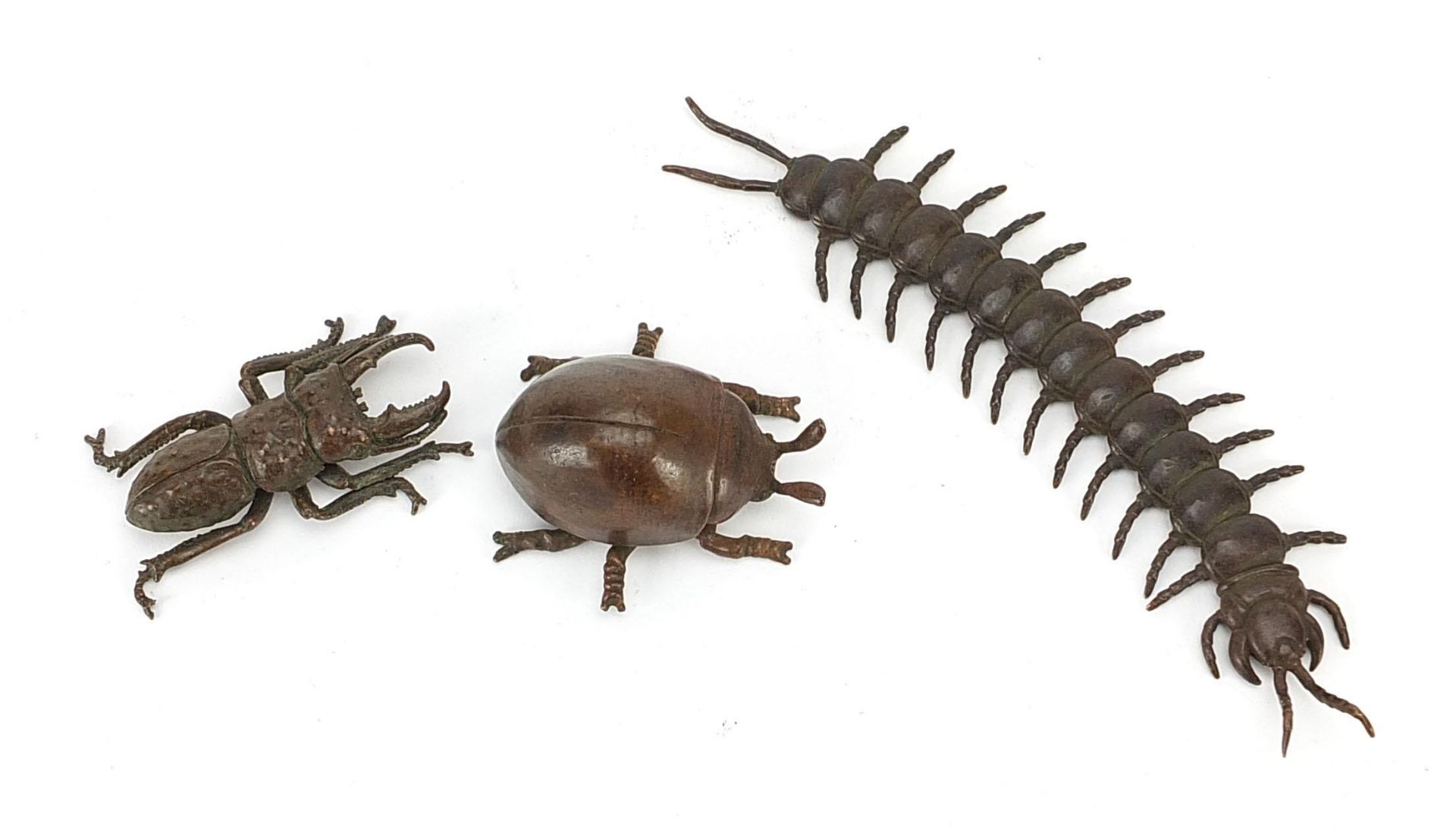 Three Japanese patinated bronze insects comprising centipede with articulated body and two - Image 6 of 9