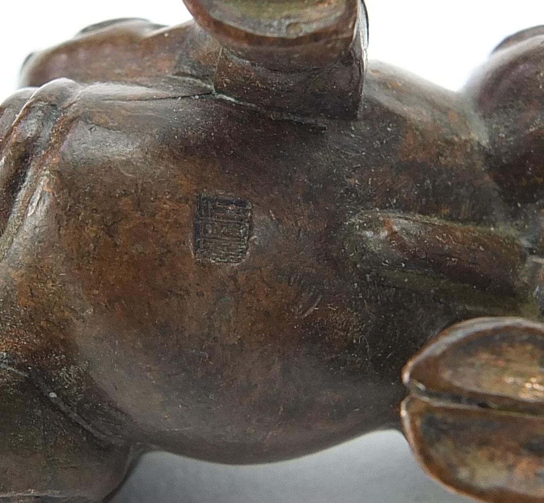 Three Japanese patinated bronze animals comprising bull, rat with a sack and elephant, each with - Image 9 of 10