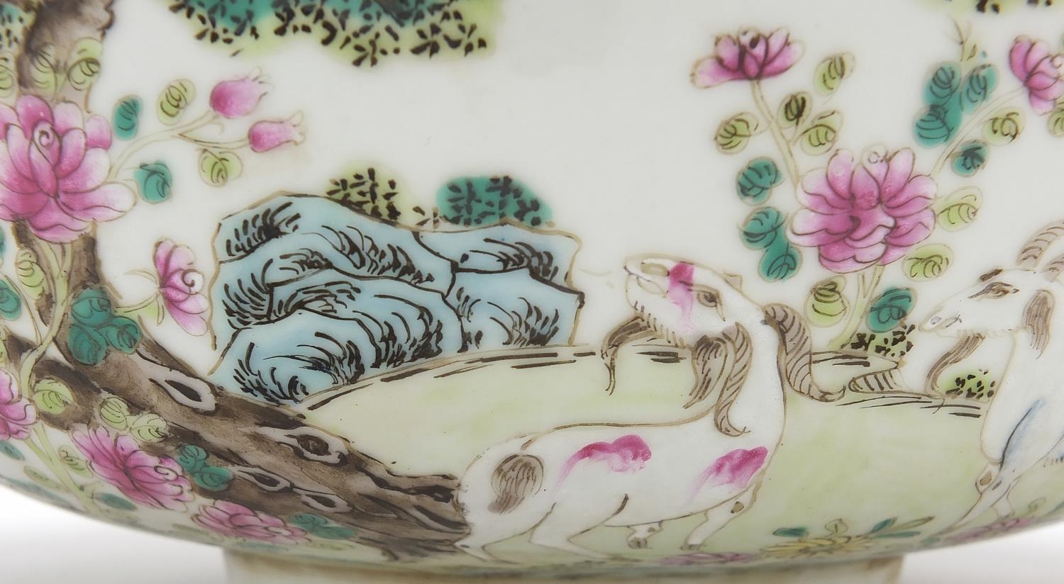 Chinese porcelain famille rose bowl with goats, red six figure character marks to the base, 22cm - Image 2 of 10