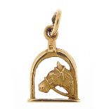 9ct gold horse head and stirrup charm, 1.5cm high, 1.3g