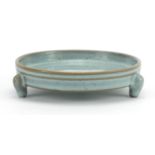 Chinese Ge ware porcelain tripod censer having a turquoise glaze, 14.5cm in diameter