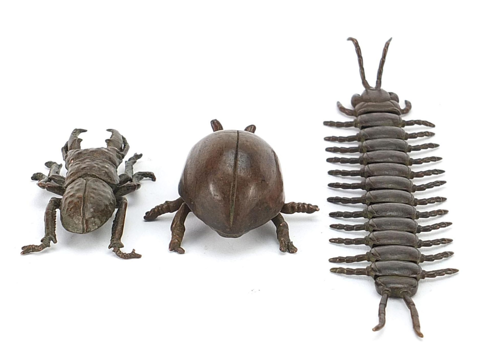 Three Japanese patinated bronze insects comprising centipede with articulated body and two - Image 4 of 9