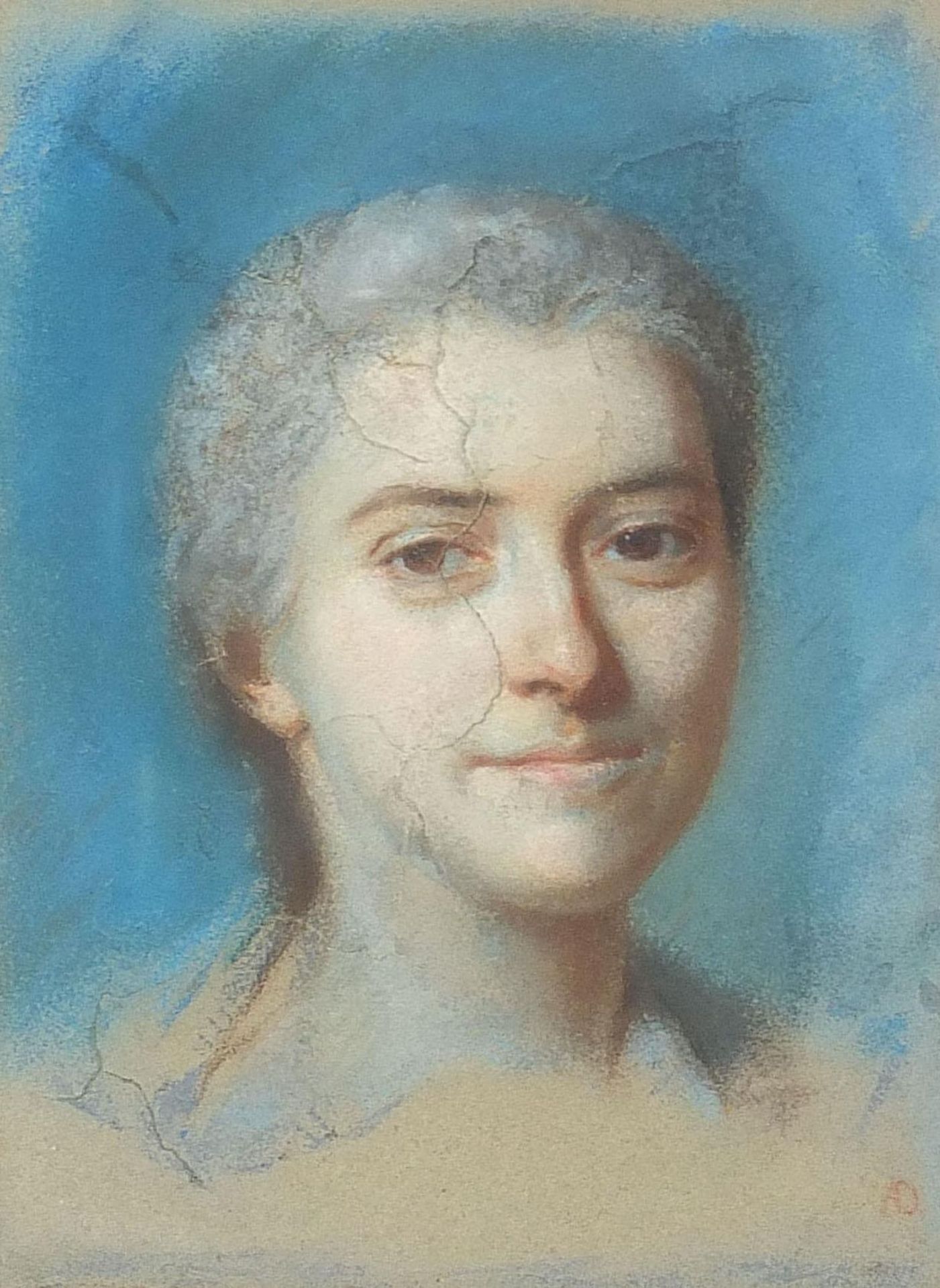 Portrait of a female, antique pastel on card/canvas, monogrammed A D, framed, 33.5cm 25.5cm