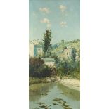 Jose Franco Cordero 1903 - Villas by a river, Spanish oil on canvas, mounted and framed, 79cm x 39cm