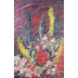 Abstract composition, flowers, oil on canvas, The Rowley Gallery, Kensington label verso, mounted