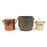 Metalware including an embossed brass coal bucket with lion masks and enamelled flower bin, the