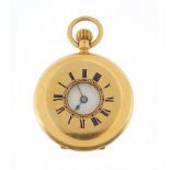 Ladies 18ct gold half hunter pocket watch, housed in a T & E Rhodes fitted box, 38mm in diameter,