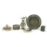 Metalware to include a Tudric pewter plate, Orivit pewter caddy, silver plated water jug and