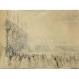 Ceremony with soldiers in military dress, 19th century heightened chalk and pencil on paper,