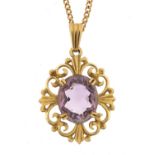 9ct gold amethyst pendant on 9ct gold necklace, 3cm high and 56cm in length, 6.6g