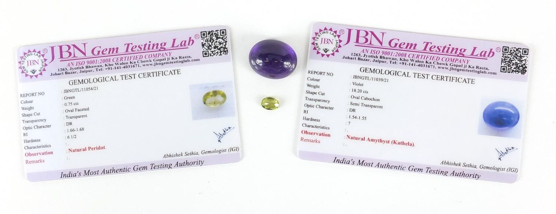 Two gemstones with certificates comprising amethyst 18.20 carat and peridot 0.75 carat - Image 3 of 3