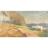 Mountainous landscape with trees and building, oil on canvas, indistinctly signed, possibly
