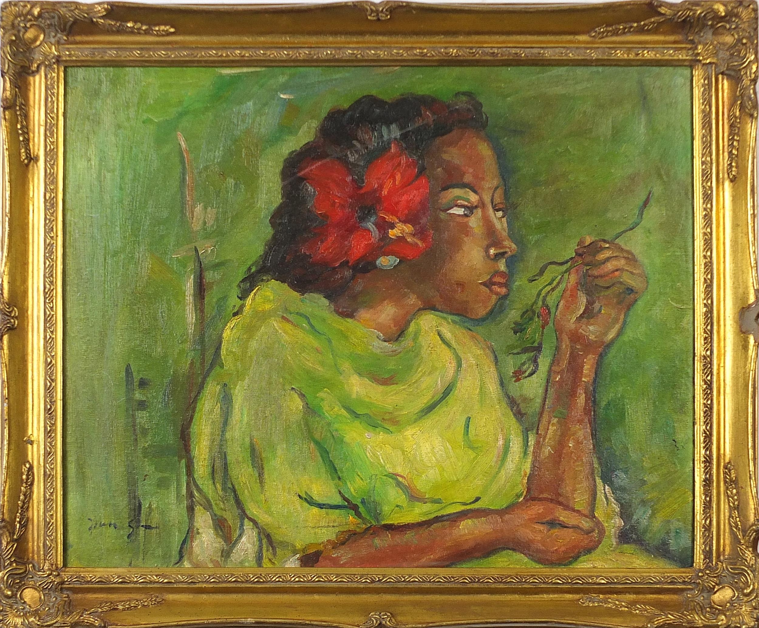 Portrait of an African lady holding flowers, oil on canvas, mounted and framed, 49.5cm x 39.5cm - Image 2 of 4