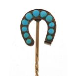 Victorian unmarked gold turquoise horseshoe stick pin with fitted box, 7cm in length, 3.0g
