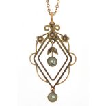 Art Nouveau 9ct gold green zircon and seed pearl pendant on a 9ct gold necklace, 4cm high and 40cm