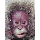 Dan Pearce - Young orangutan, smashed glass and spray paint, framed, 99cm x 73cm excluding the frame