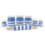 T G Green Cornish kitchenware including rolling pin and preserve jars, the largest 44cm in length