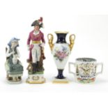 Collectables comprising a God speed the plough handled mug, Kaiser porcelain twin swan handled vase,