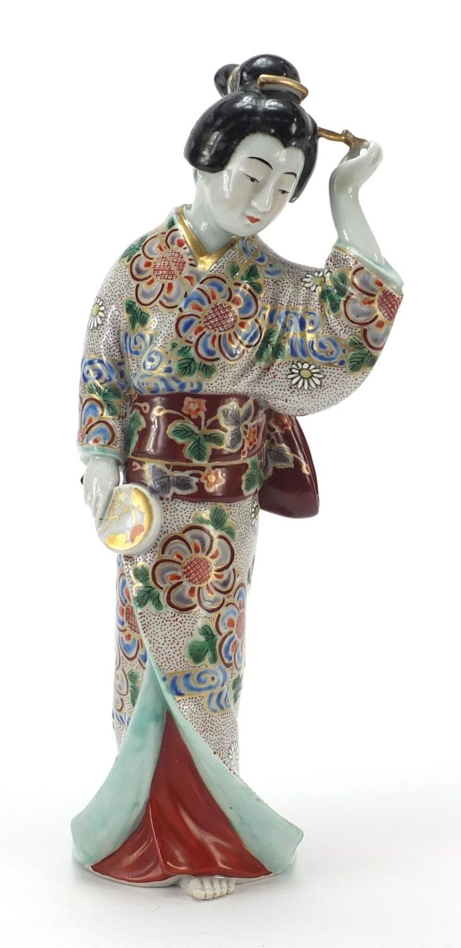 Japanese porcelain figure of a Geisha girl playing with her hair, 32cm high - Image 6 of 8