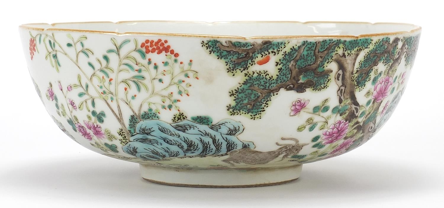 Chinese porcelain famille rose bowl with goats, red six figure character marks to the base, 22cm - Image 6 of 10