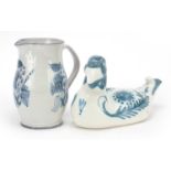 Rye Pottery blue and white jug and blue and white duck by David Sharp, marks to the base, the