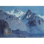 Ernest Courtois de Bonnencontre - Moonlight, Argentinian Andes, watercolour, applied plaque to the