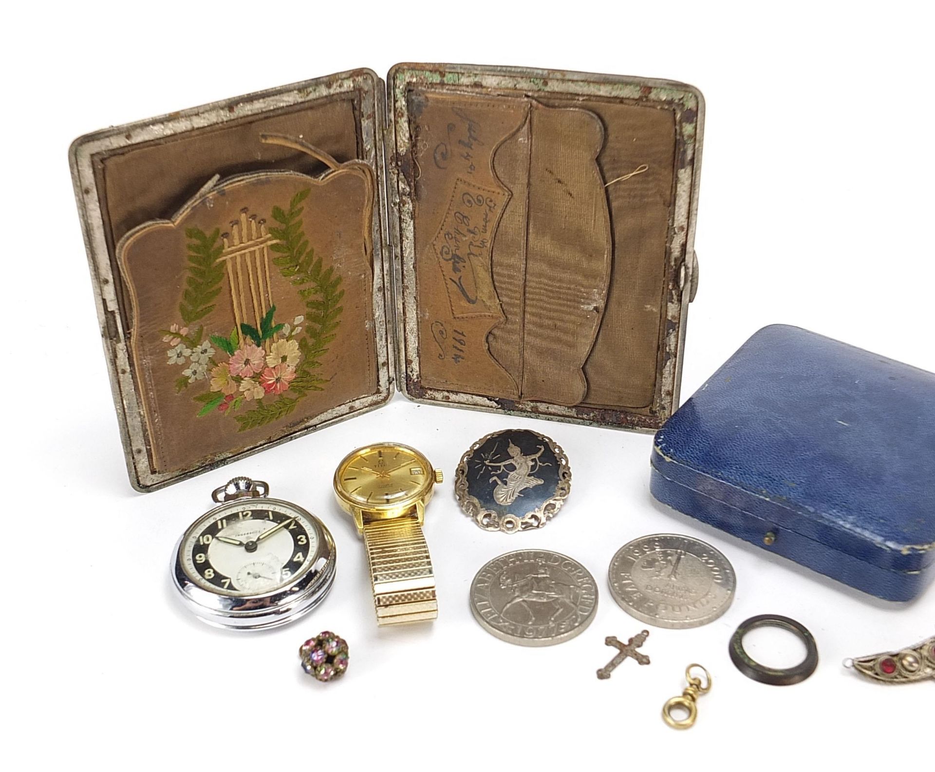 Antique and later jewellery and objects including Siam silver niello work brooch, Ingersoll pocket - Image 2 of 5