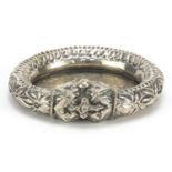 Tibetan unmarked silver slave bangle dish, 9.5cm wide, 87.0g