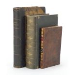 Three antique leather bound books comprising The Poetical Works of W M Falconer, The Works of Alfred