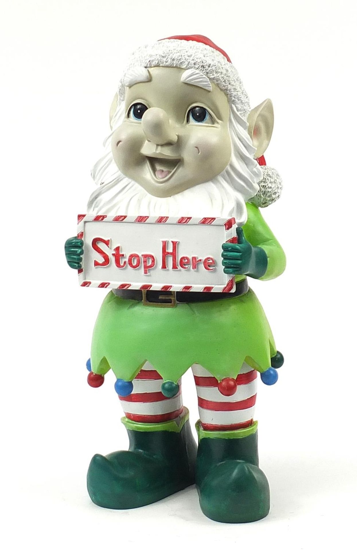 Large garden gnome ornament with 'stop here' sign, 60cm high