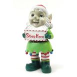 Large garden gnome ornament with 'stop here' sign, 60cm high