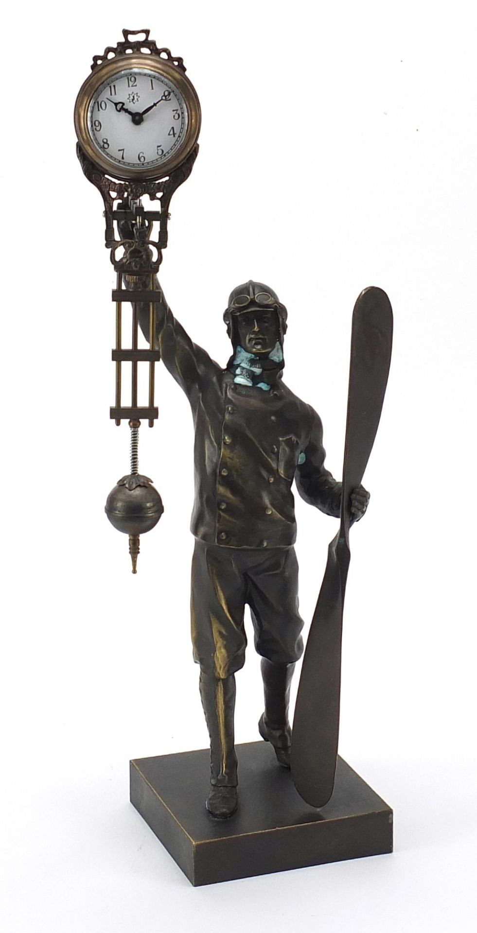Patinated bronze military interest mystery clock in the form of a pilot, 37cm high - Image 2 of 4