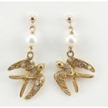 Pair of 9ct gold diamond and pearl bird drop earrings, 2.8cm high, 3.0g