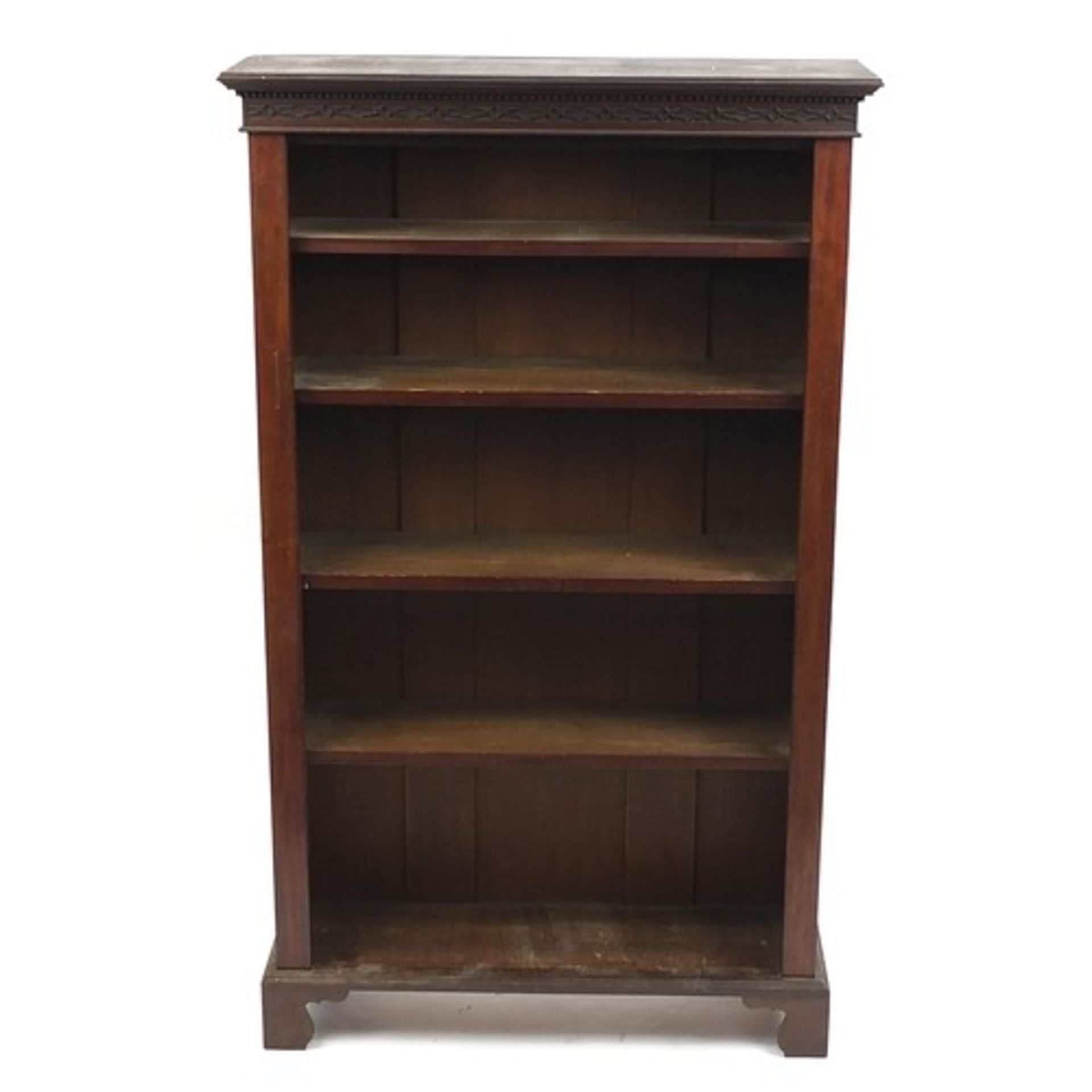 Mahogany open bookcase with blind fretwork cornice and five shelves, 160cm H x 96cm W x 31cm D - Image 2 of 3