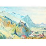 The high pass above Vaduz, Liechtenstein, watercolour, indistinctly inscribed, The Medici Society